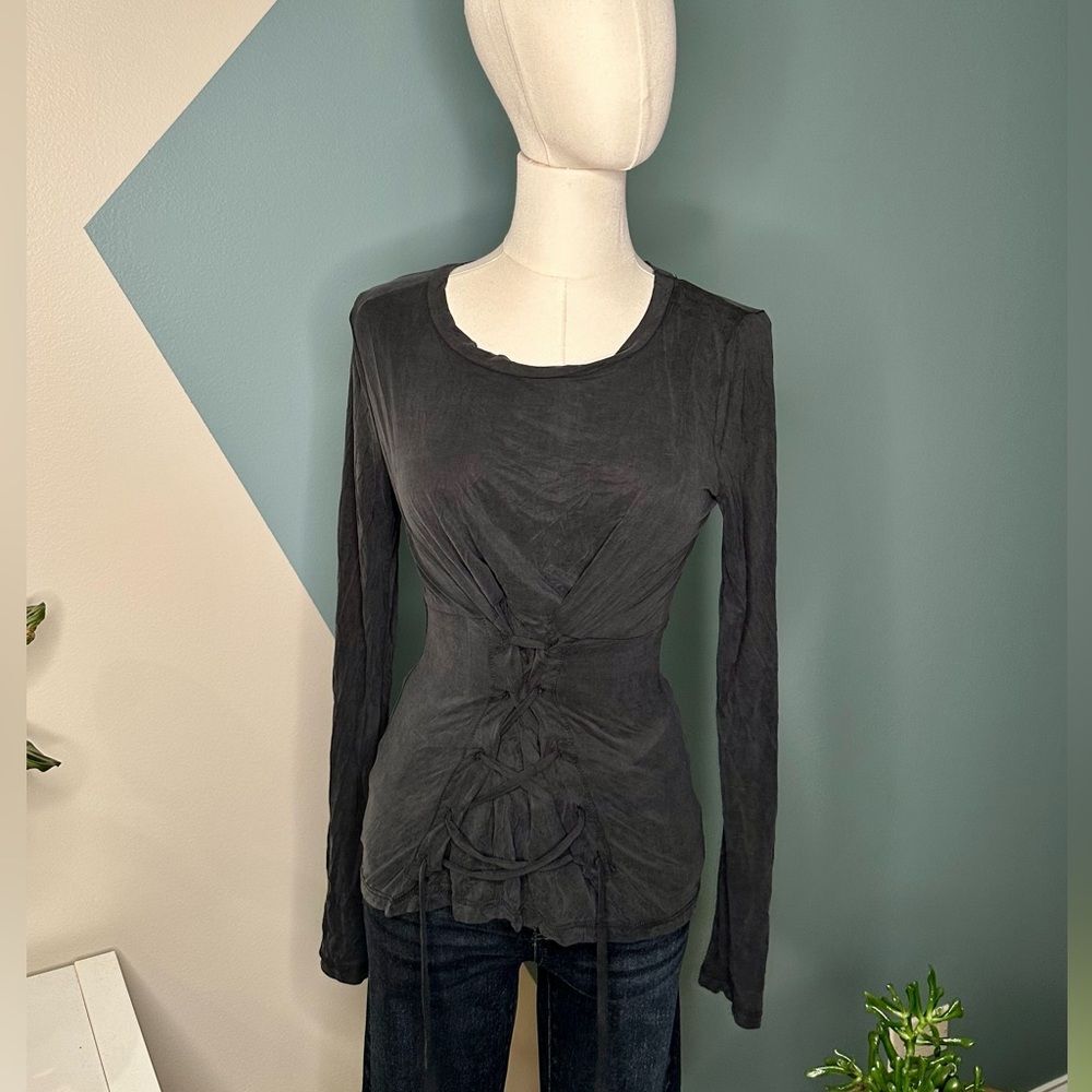 Project Social T Black Rio Long Sleeve Ruched Corset Top (Style #454651) Sm NWT